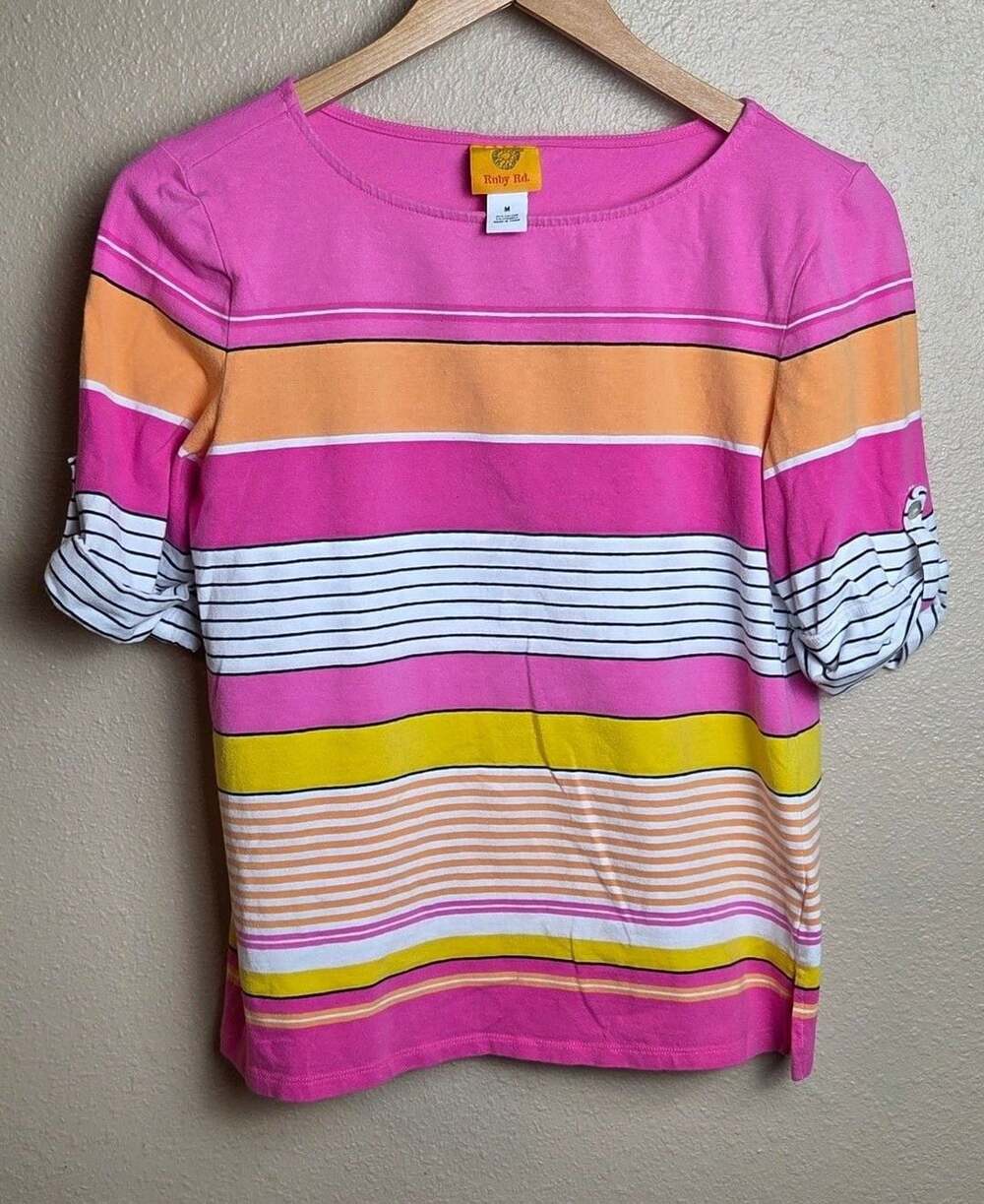 Ruby Rd. Striped Top Multi Color Roll Tab Sleeve - Picture 2 of 6